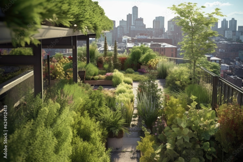 urban rooftop garden with lush greenery, created with generative ai urban rooftop garden with lush greenery, created with generative ai