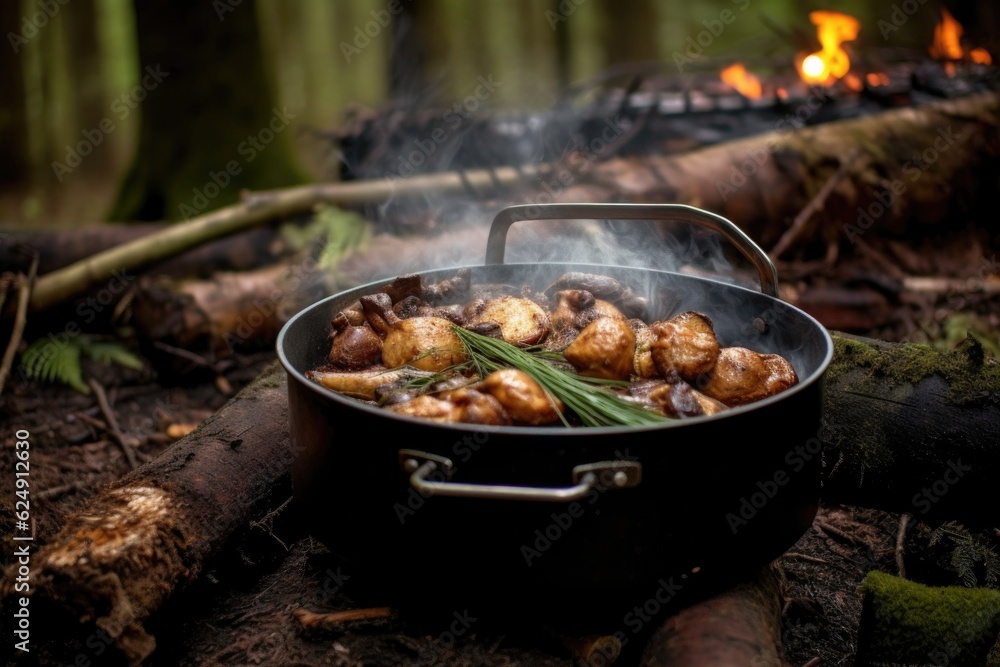 aromatic campfire chicken in a dutch oven, lid slightly ajar, created with generative ai aromatic campfire chicken in a dutch oven, lid slightly ajar, created with generative ai