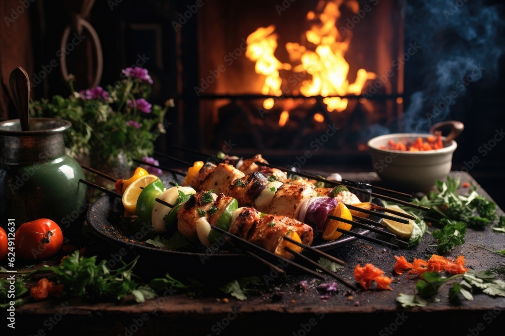 chicken shish kebabs with vegetables on fire, created with generative ai chicken shish kebabs with vegetables on fire, created with generative ai
