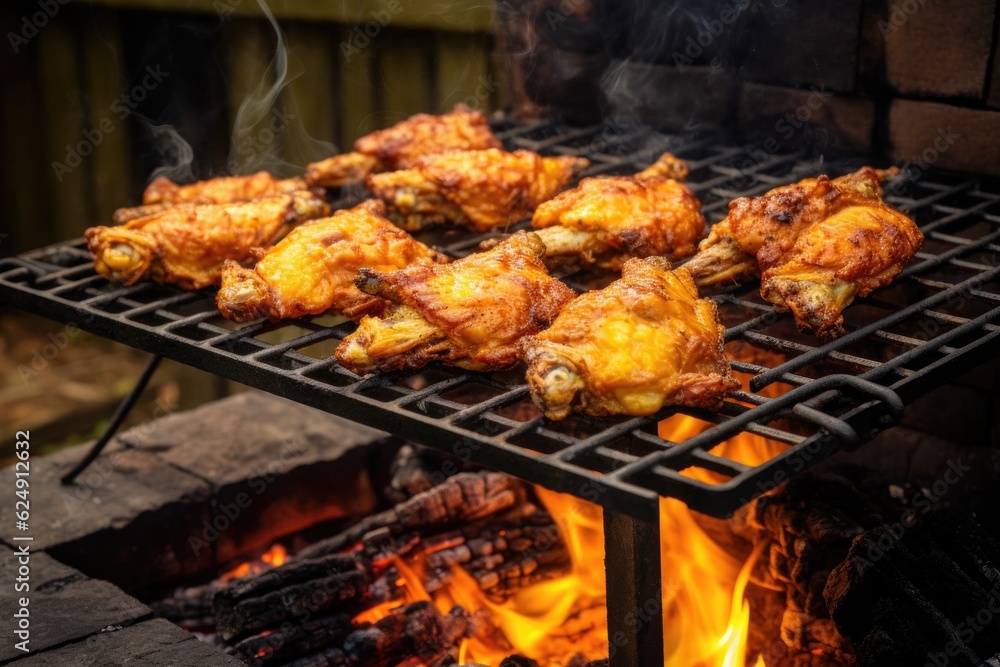 golden, crispy chicken wings on a campfire grill, created with generative ai