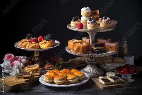 three-tier cake stand with assorted pastries and sweets, created with generative ai