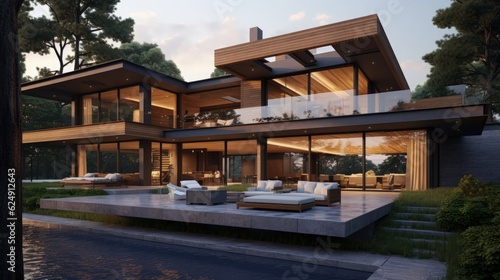 Twilight Majesty, Expansive Contemporary Home of Wood and Concrete. Generative Ai