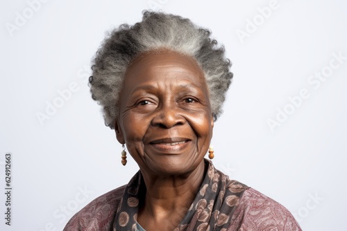close-up portrait of a senior old black african american woman with grey hair, studio photo, isolated on white background. Generative AI photo