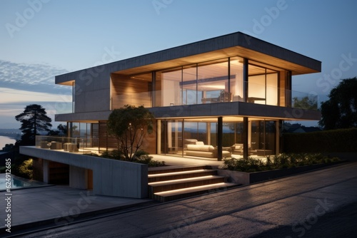 Twilight Majesty, Expansive Contemporary Home of Wood and Concrete. Generative Ai © Ilugram
