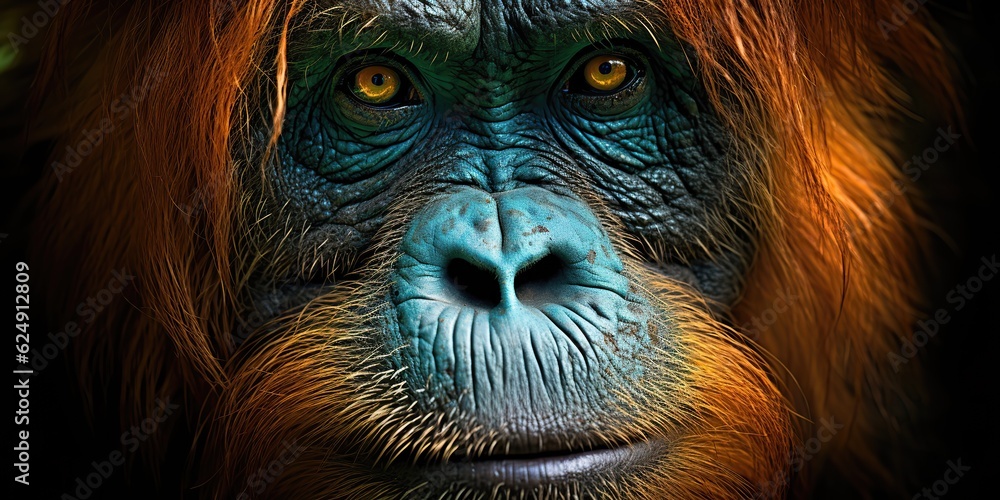 Obraz premium AI Generated. AI Generative. Orangutan monkey face portrait eyes watching on you. Mammal animal background view