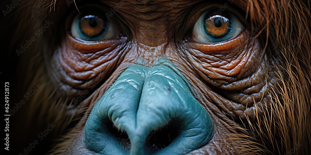 AI Generated. AI Generative. Orangutan monkey face portrain eyes watching on you. Mammal animal background view. Graphic Art