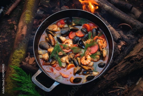 overhead view of cioppino preparation on a campfire, created with generative ai