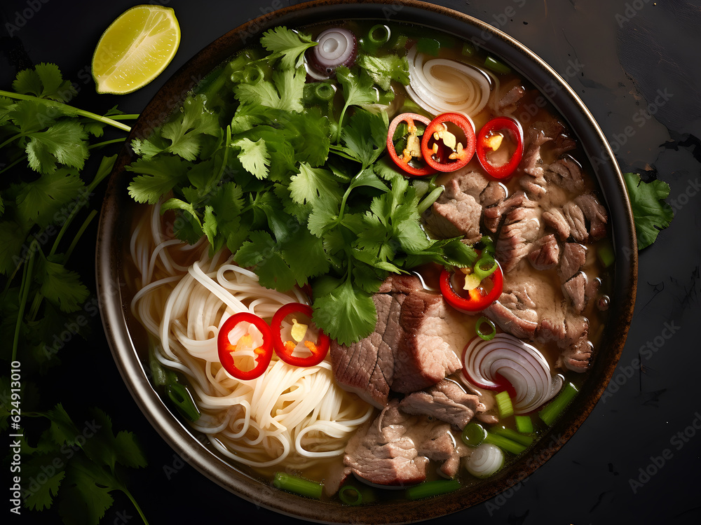 Pho Noodles Menu. Vietnamese noodle bowl with beef, Top view pho