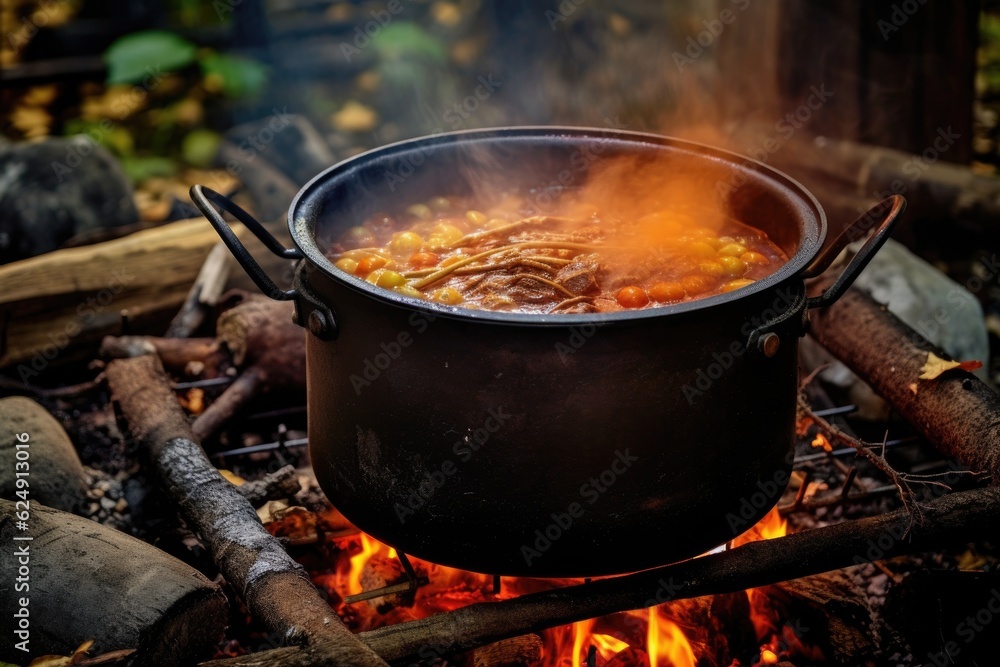 campfire goulash with steam rising from the pot, created with generative ai campfire goulash with steam rising from the pot, created with generative ai