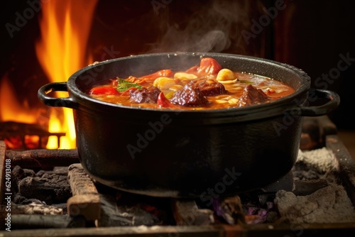 goulash bubbling in a cast iron pot over open flames, created with generative ai