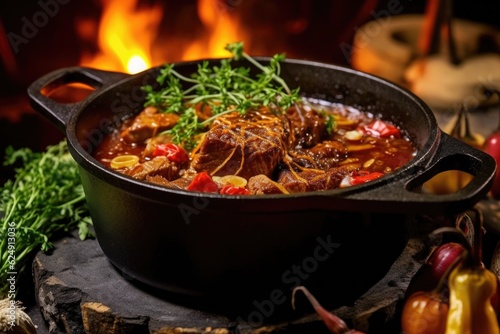close-up of goulash in cast iron pot with glowing campfire embers, created with generative ai
