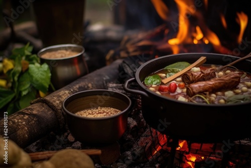 close-up of gumbo ingredients around campfire, created with generative ai