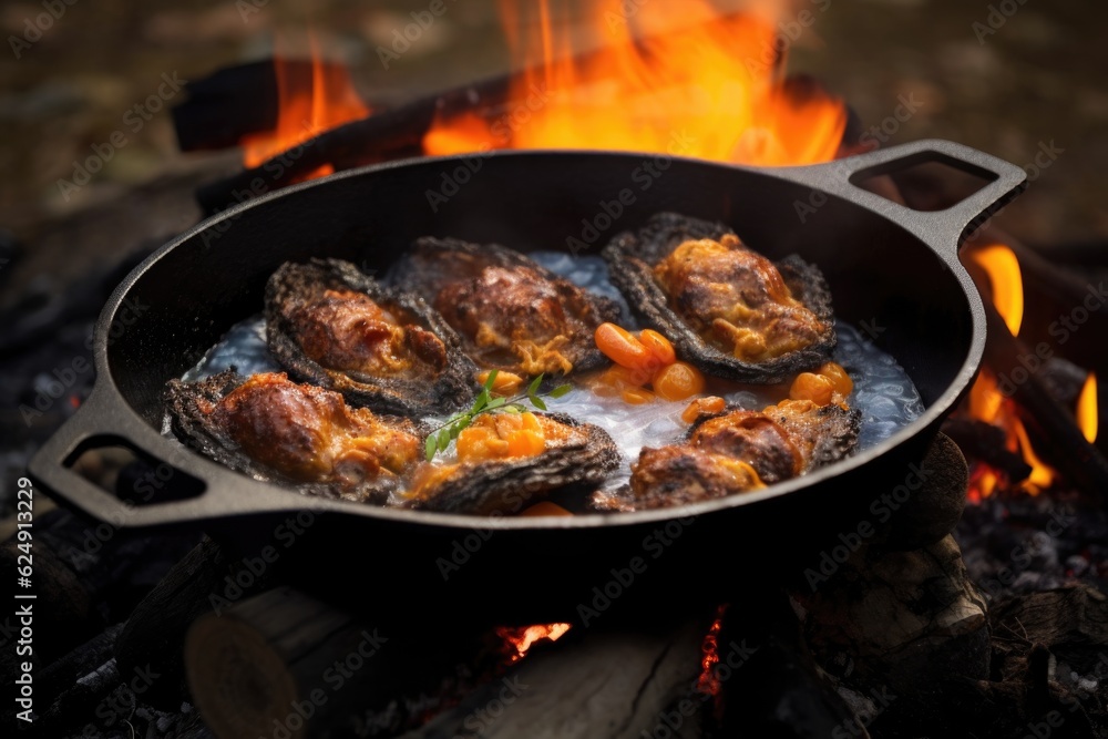 oysters in a cast iron pan sizzling on open fire, created with generative ai