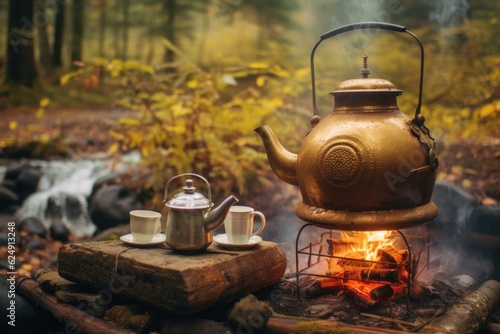 chamomile tea brewing in a vintage kettle on a campfire, created with generative ai