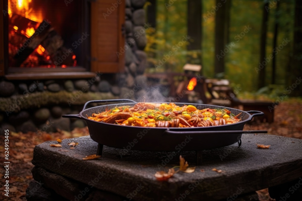vibrant paella in rustic outdoor setting with campfire smoke, created with generative ai