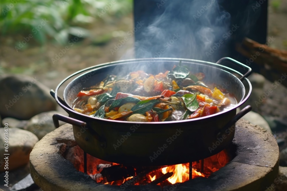 steaming pot of ratatouille on a campfire grill, created with generative ai steaming pot of ratatouille on a campfire grill, created with generative ai