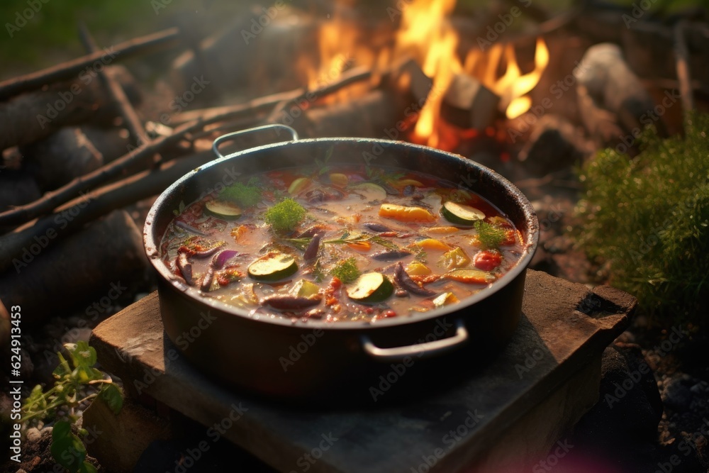 Fototapeta premium finished ratatouille dish steaming in a rustic camp setting, created with generative ai