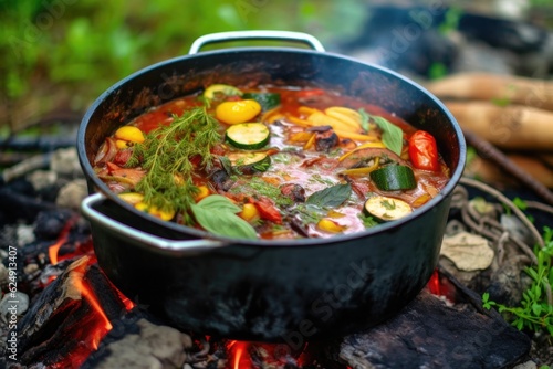 cooking ratatouille with a camping pot over open fire, created with generative ai