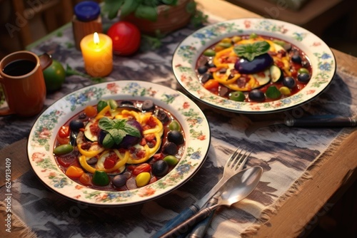 finished ratatouille served on enamel camping plates  created with generative ai