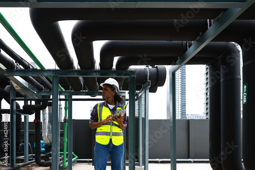 Environmental engineers work at the wastewater treatment plant, Water supply engineering work at a Water recycling plant for reuse.