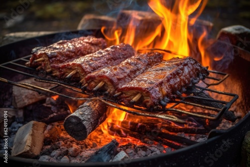ribs basting with sauce over a crackling campfire, created with generative ai