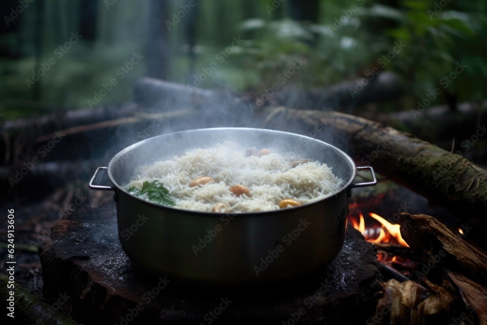 wooden spoon stirring rice in pot on campfire, created with generative ai wooden spoon stirring rice in pot on campfire, created with generative ai
