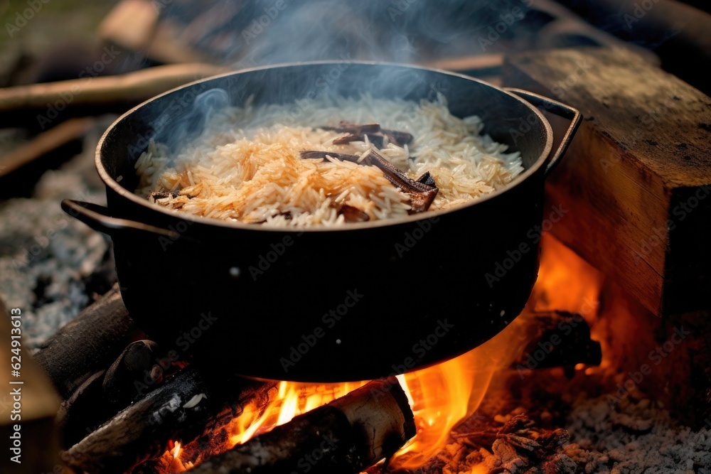 rice cooking in a pot over campfire flames, created with generative ai rice cooking in a pot over campfire flames, created with generative ai