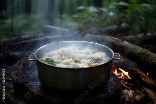 wooden spoon stirring rice in pot on campfire, created with generative ai