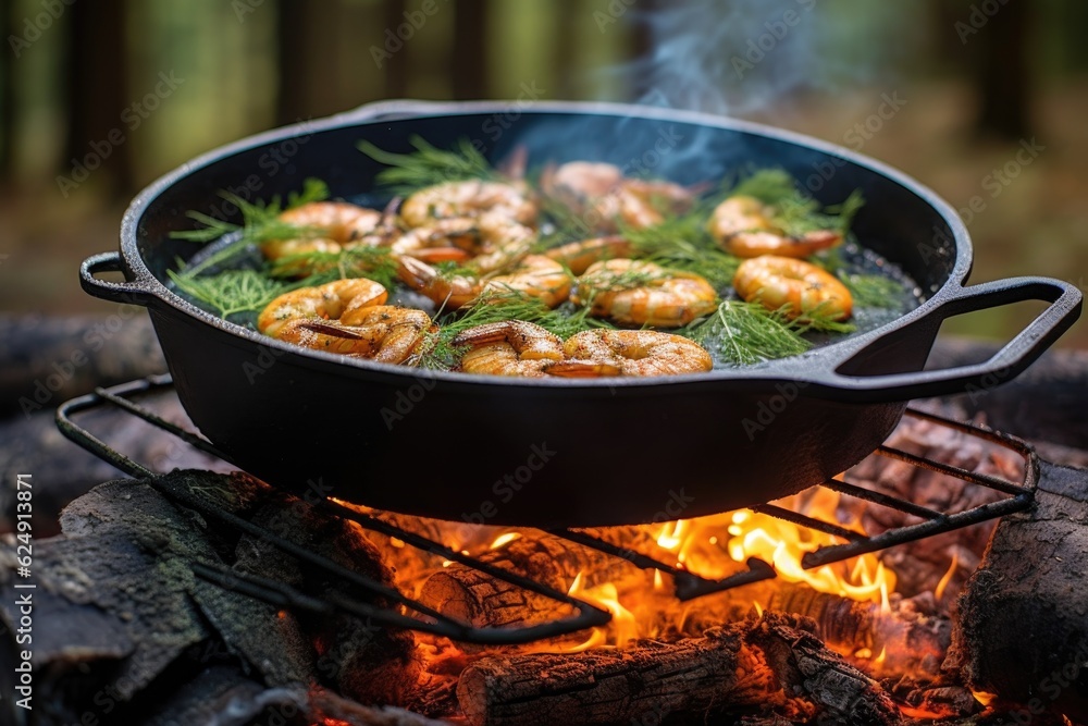 shrimp cooking in a cast iron skillet on campfire grate, created with generative ai shrimp cooking in a cast iron skillet on campfire grate, created with generative ai