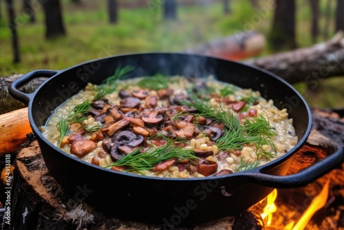 campfire risotto with wild mushrooms and herbs, created with generative ai © altitudevisual