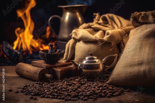 coffee beans in burlap sack next to campfire, created with generative ai