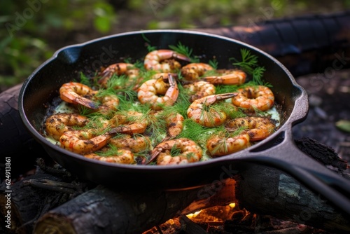 campfire shrimp seasoned with herbs and spices, created with generative ai