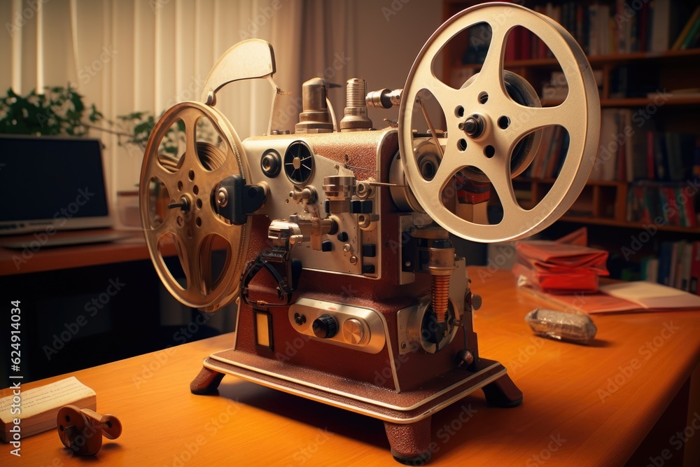 classic film projector with 35mm film spool, created with generative ai