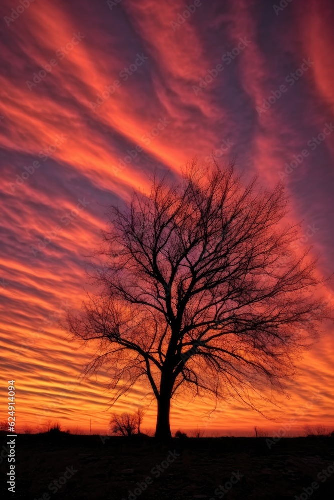 tree silhouette against a sunset sky, created with generative ai