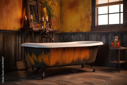 stained antique clawfoot bathtub with rustic vibe  created with generative ai