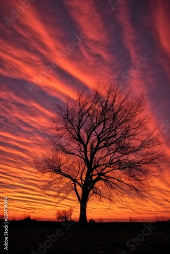 tree silhouette against a sunset sky, created with generative ai