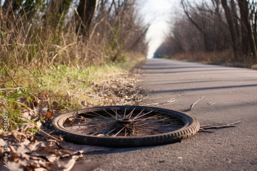 bicycle wheel with a flat tire on a bike path, created with generative ai