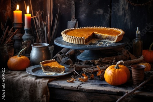 freshly baked pumpkin pie on rustic wooden table, created with generative ai