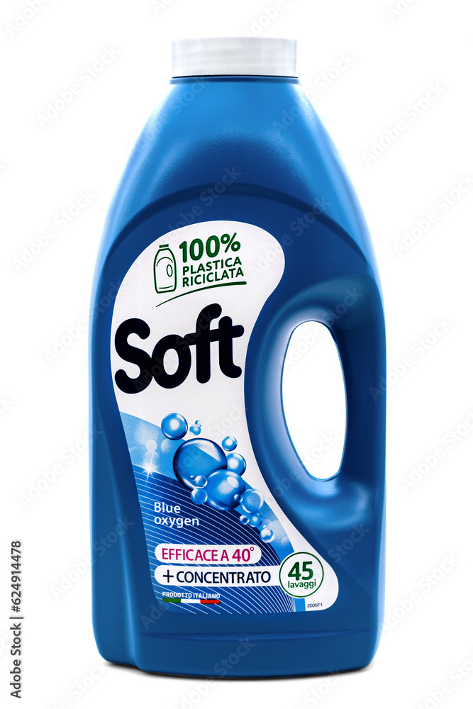 Soft Blue Oxygen,liquid laundry detergent,Italian product isolated on