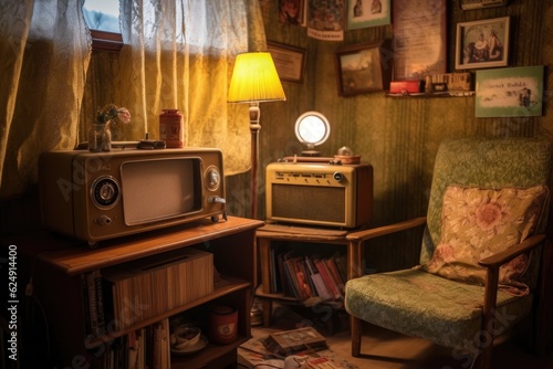 retro radio in a cozy reading corner, created with generative ai