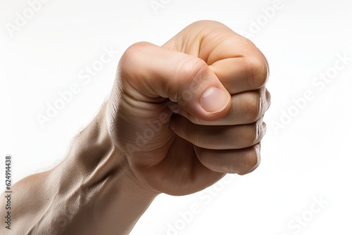 Fist of a man on a white background, close-up