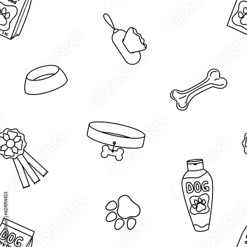 Outlines of care dog subjects on seamless pattern. Black and white background. Vector