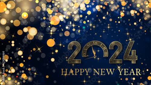 Fotografering card or banner to wish a happy new year 2024 in gold the 0 is a clock on a dark
