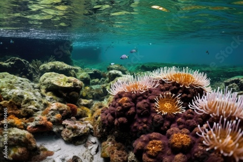 sea urchins grazing near restored coral reefs, created with generative ai