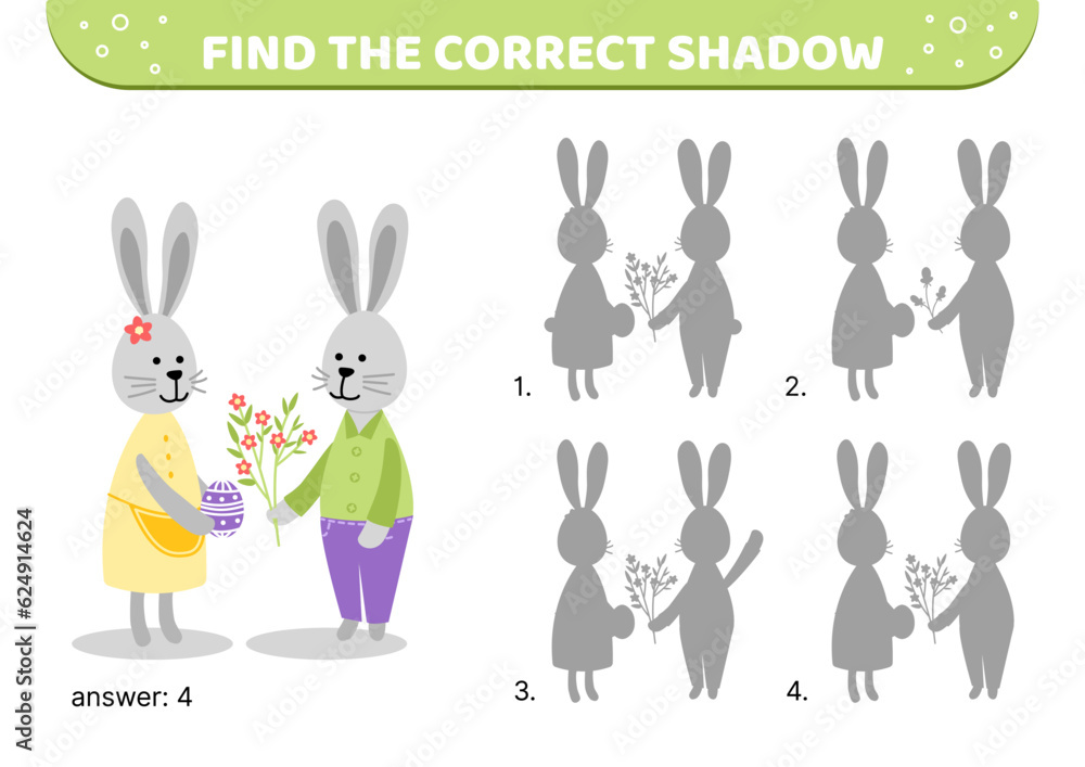 Couple of Easter bunnies. Find the correct shadow. Shadow matching game. Cartoon, vector