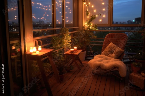 balcony with fairy lights and comfy chair  created with generative ai