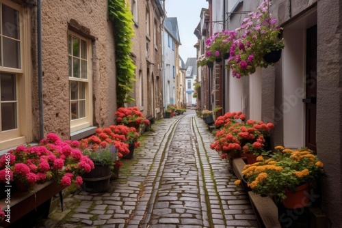 cobblestone alleyway with blooming flowers in window boxes  created with generative ai