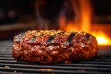 close-up of juicy burger patty sizzling on grill, created with generative ai