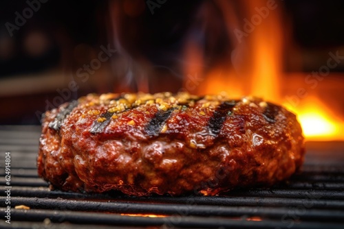 close-up of juicy burger patty sizzling on grill, created with generative ai
