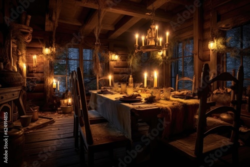 candlelit dinner setting in a cabins dining area, created with generative ai